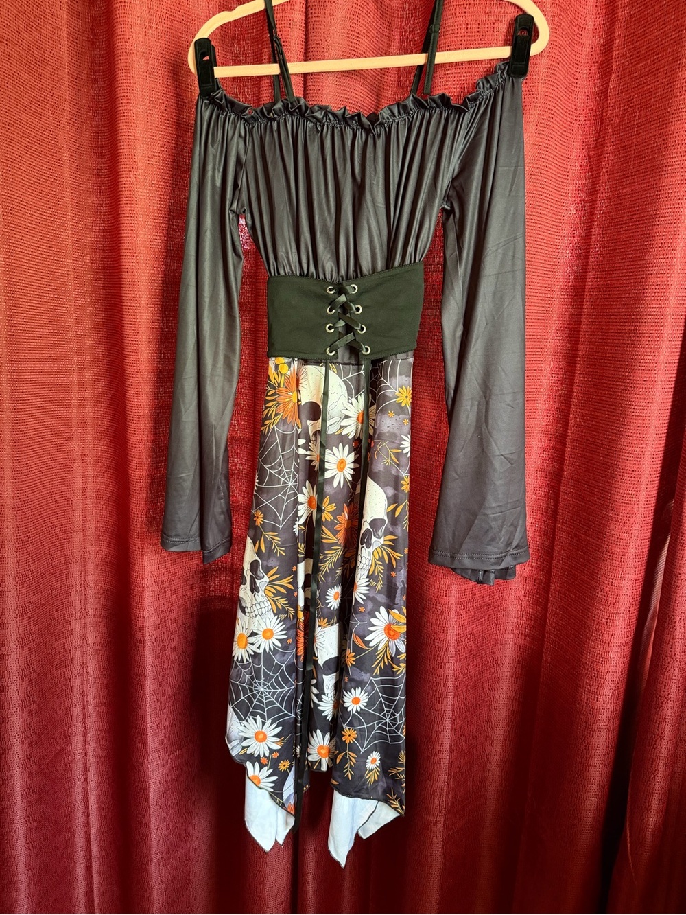 Black Floral & Skull Off-Shoulder Dress with Lace-Up Waist